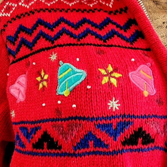 Vintage Red Christmas Snowman Knit Cardigan Sweater Womens Zip Up Holiday Winter - Picture 7 of 16
